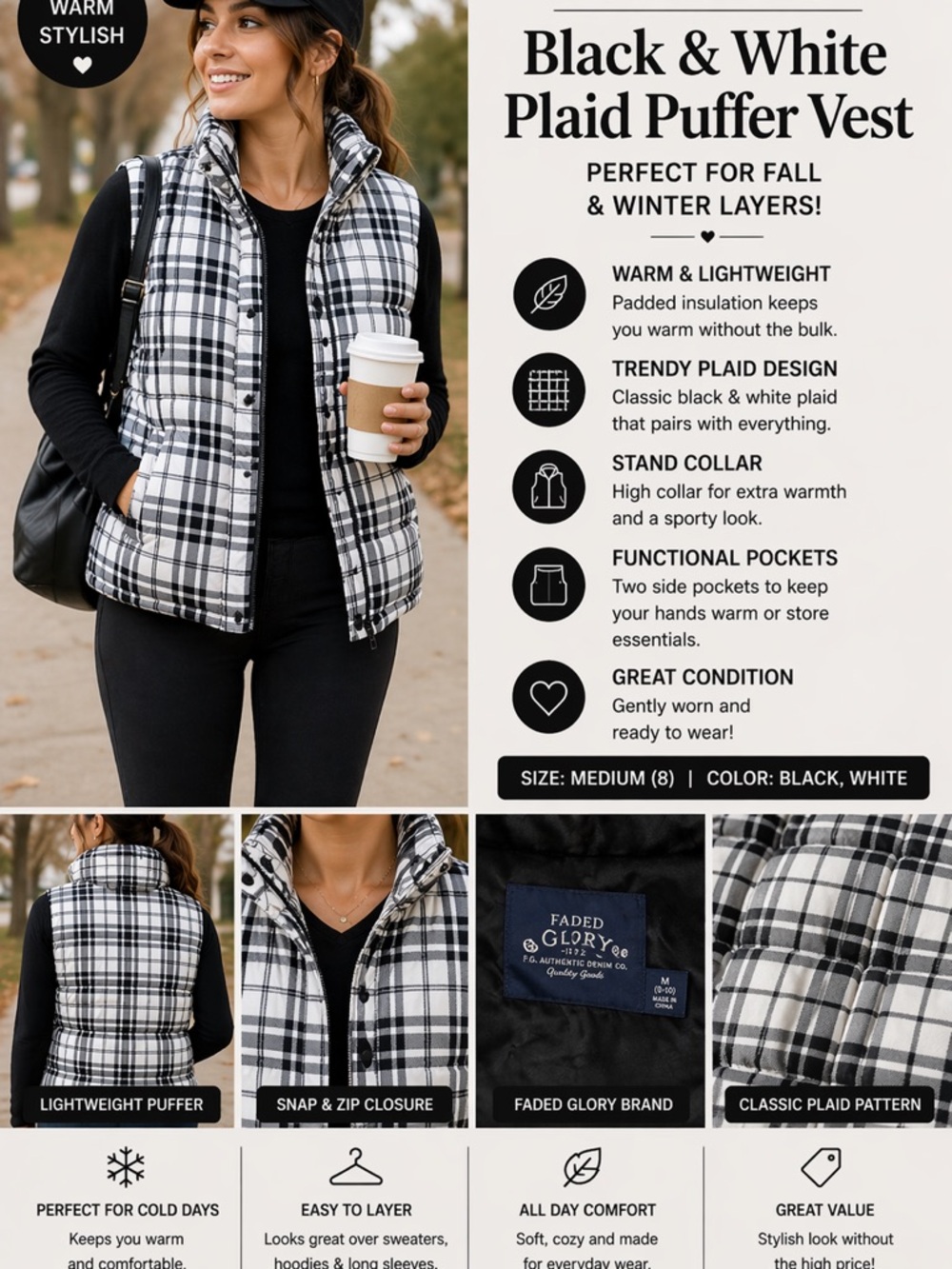 Black & White Plaid Puffer Vest